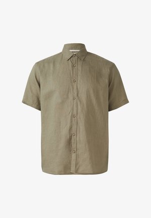 Camicia a maniche corte in lino verde oliva, con colletto, bottoni frontali e una vestibilità leggermente rilassata. Tessuto morbido con design minimale.