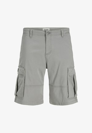 Pelēkas kokvilnas cargo šortus ar divām sānu kabatām, pogu aizdari un izšūtu apdari gar malu un kabatām.