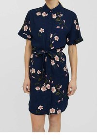 Abito navy con bottoni e maniche corte, presenta una stampa floreale in rosa e verde, include una cintura abbinata in vita.