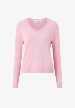 Lichtroze lange mouwen V-hals trui met geribbelde manchetten en zoom, weergegeven op een witte achtergrond.