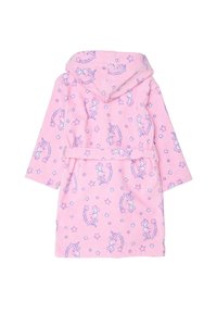 Roze gewatteerde badjas van zachte stof, met een patroon van eenhoorns en sterren in paars. Inclusief een tailleband en lange mouwen.