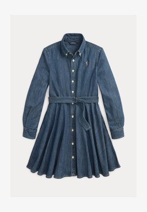 Denim-mekko, jossa on pitkät hihat, napitettava etuosa, vartalonmyötäinen vyötärö, vyö, levenevä hameosa ja logo-embroidery rintamuksessa.