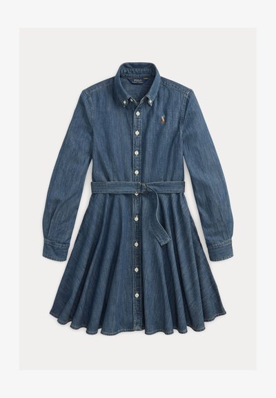 Traperaste haljine košulje s dugim rukavima, gumba na prednjem dijelu, strukirano s pojasom, rašireni suknja i logo vez na prsima.