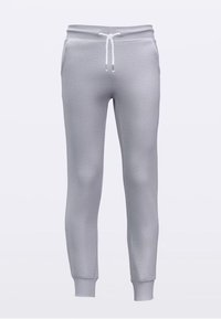 Sive trenirka svijetle nijanse s teksturiranim materijalom, ima elastični pojas, bijeli vezica za vezanje i sužene rubove na gležnjevima.