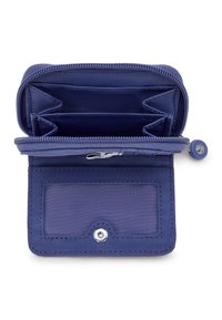 Merijades zippered wallet, jossa on useita lokeroita, korttipaikka muovipinnalla ja kohokuvioitu kangaspinta, joka sulkeutuu nepparilla.