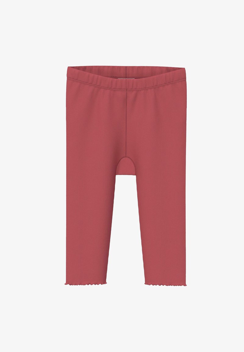 Leggings mi-longues de couleur rose poussiéreuse avec une texture côtelée, une taille élastique et un détail d'ourlet festonné.