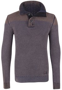 Stickad tröja i nyanser av brunt och marinblått, med hög krage, tvåknapplåsning och ribbad mudd och fåll.