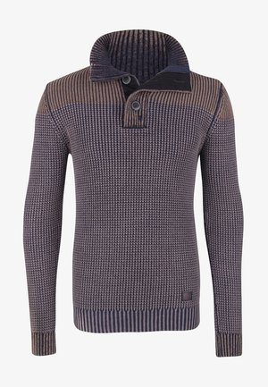 Męski sweter z długim rękawem, wykonany z dzianiny, z wysokim ściągaczem, listwą guzikową oraz wzorzystym brązowo-niebieskim materiałem.