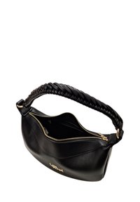 Borsa a spalla in pelle nera con manico intrecciato, chiusura con zip e accessori in tonalità oro. L'interno presenta scomparti per una migliore organizzazione.