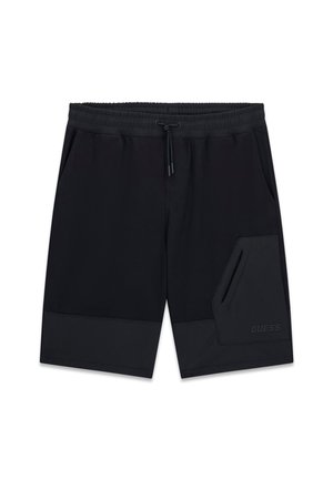 Black men's shorts with elastic waistband and drawstring, side pockets, and a zippered pocket on the right leg with embossed logo.