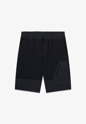 Zwarte herenshorts met elastische tailleband en trekkoord, zijzakken en een ritszak op het rechterbeen met geperst logo.