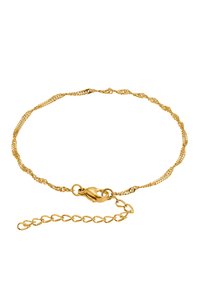 Bracciale in oro con maglie intrecciate, chiusura a moschettone e catena di estensione regolabile. Superficie liscia e finitura lucida.