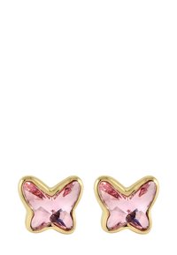 Boucles d'oreilles en forme de papillon en or, ornées de facettes en gemmes roses et de bords lisses. Le design comprend une bordure surélevée autour des pierres.