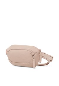 Bauletto in tessuto beige chiaro con una texture liscia, compartimenti a doppia cerniera, tracolla regolabile e un marchio discreto sul davanti.