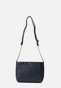 Navy leather shoulder bag with a smooth texture, silver chain strap, and red stitching detail. Features a rectangular shape and logo accent.