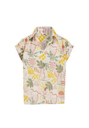 Chemise à manches courtes avec boutons, ornée de motifs floraux abstraits et géométriques en jaune, rose, vert et orange sur fond blanc.