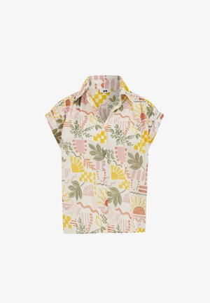 Košulja s kratkim rukavima na kopčanje s apstraktnim cvjetnim i geometrijskim uzorcima u žutoj, ružičastoj, zelenoj i narančastoj boji na bijeloj pozadini.