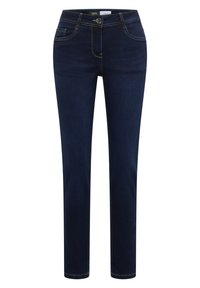 Jeans en denim bleu foncé avec une coupe ajustée, un style cinq poches standard, et des coutures contrastées en fil doré.