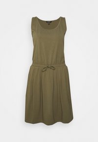 Olivgrünes ärmelloses Kleid aus weichem Stoff, mit einem elastischen Bund und Bindegürtel, einem ausgestellten Rock und einem runden Ausschnitt.