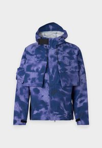 Purple tie-dye jacket featuring a hood, multiple front pockets, zip closure, and adjustable cuffs. Made from lightweight, water-resistant fabric.