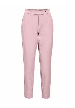 Hellrosa zulaufende Hose mit Gürtelschlaufen, Seitentaschen und vorderem Reißverschluss, hergestellt aus glattem Stoff.