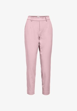 Lyserosa smale bukser med beltehemper, sidelommer og glidelås foran, laget av glatt stoff.