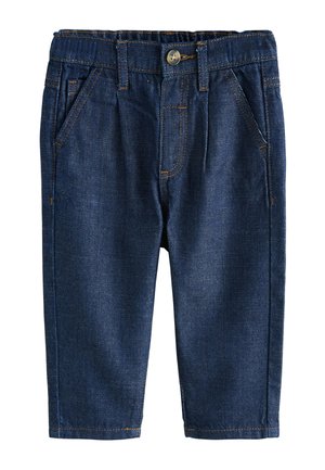 Mørkeblå babyjeans med frontknap, bæltestropper og skrå frontlommer, vist fladt på en hvid baggrund.