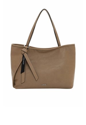 Sac fourre-tout beige perforé au design élégant, avec deux bretelles et un accent noué. Logo de la marque affiché sur le devant.