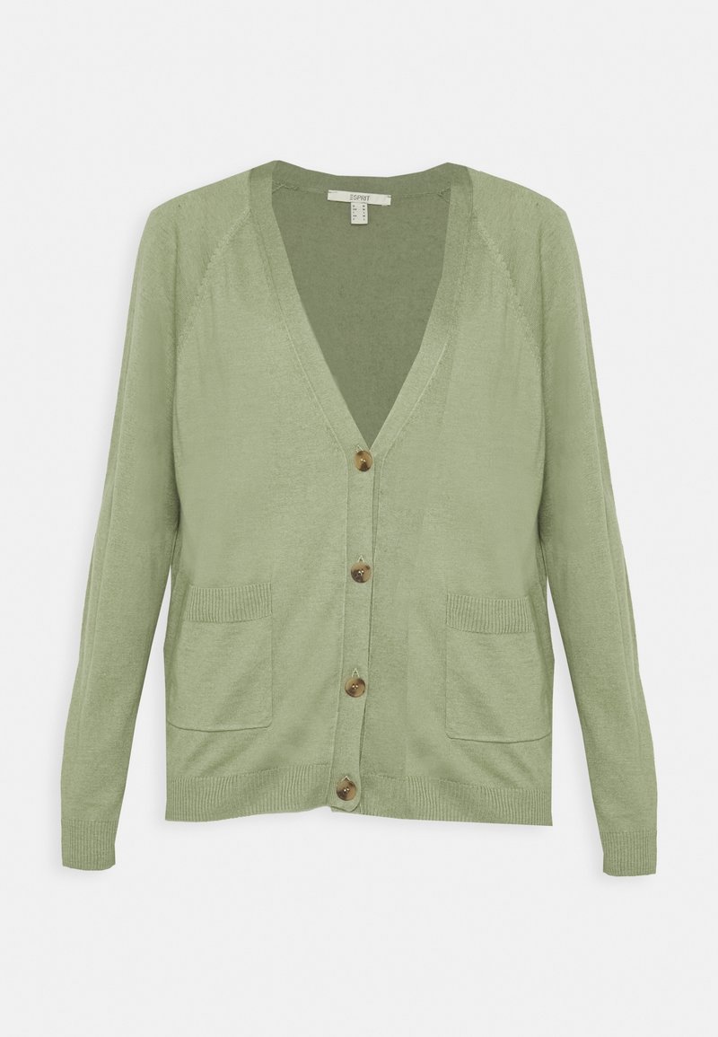 Ljusgrön cardigan i mjukt material med V-ringning, två framfickor och fyra träknappar i mitten. Texturerade stickade detaljer.