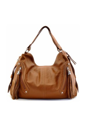 Sac à main en cuir marron avec une bandoulière unique, des pompons latéraux et des détails de fermeture éclair argentés sur fond blanc.
