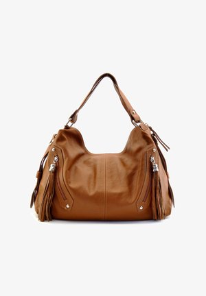 Sac à main en cuir marron avec une bandoulière unique, des pompons latéraux et des détails de fermeture éclair argentés sur fond blanc.