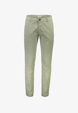 Pantalones de algodón verde claro con un ajuste slim, que cuentan con bolsillos delanteros, un cierre de un solo botón y una textura sutil.