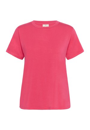 Īsām piedurknēm T-krekls spilgti rozā kokvilnā, ar apaļu kakla izgriezumu un brīvu piegriezumu, ar gludu, mīkstu tekstūru un minimāliem detaļām.