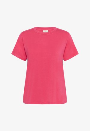 Īsām piedurknēm T-krekls spilgti rozā kokvilnā, ar apaļu kakla izgriezumu un brīvu piegriezumu, ar gludu, mīkstu tekstūru un minimāliem detaļām.