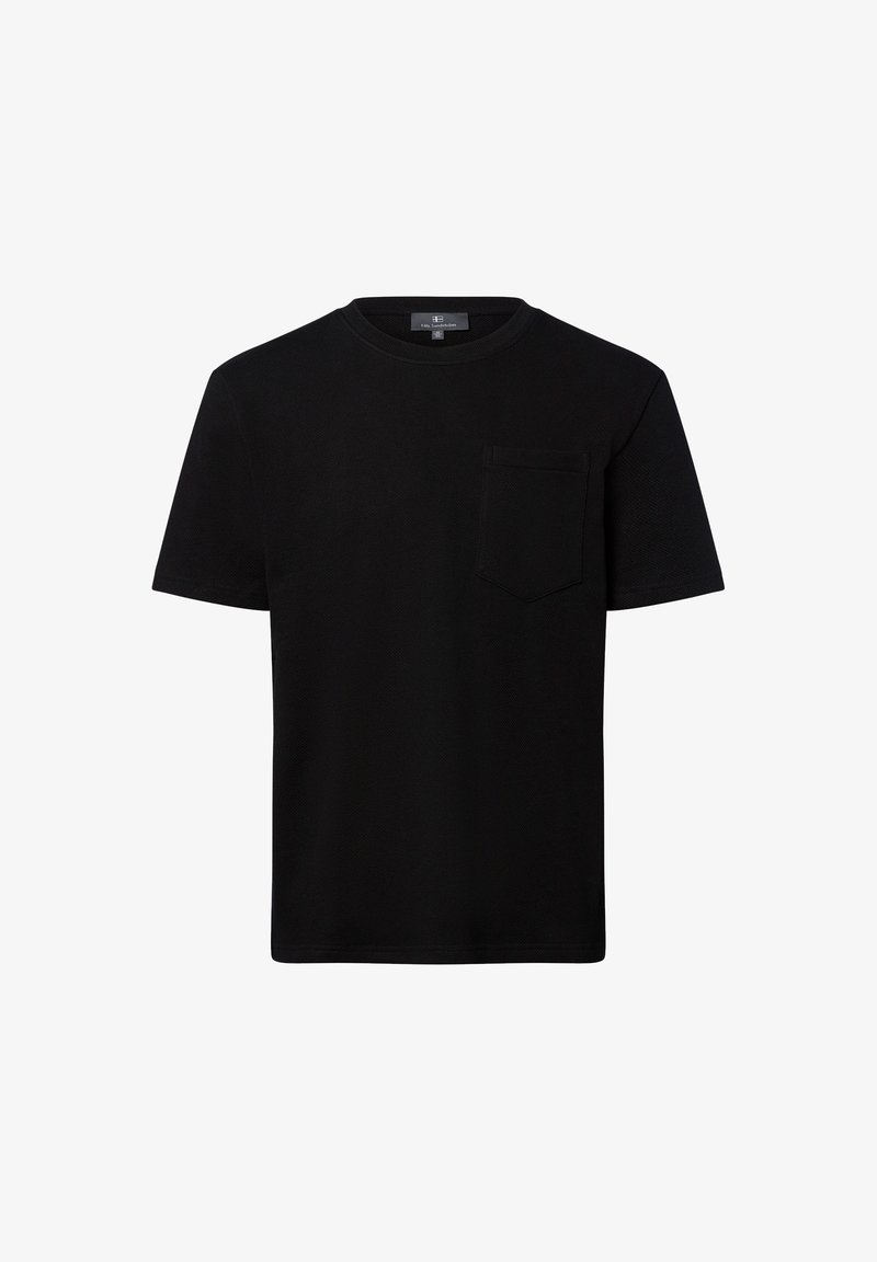 Schwarzes Kurzarm-T-Shirt aus strukturiertem Baumwollmaterial, mit Rundhalsausschnitt und einer kleinen Brusttasche. Einfaches Design ohne zusätzliche Muster.