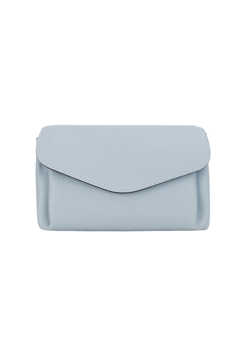 Portafoglio in pelle azzurro chiaro con finitura testurizzata, dotato di chiusura a patta e design minimalista. Nessuna hardware o motivo visibile.