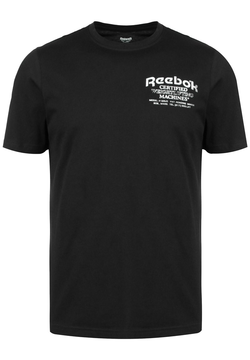 Černé bavlněné tričko s bílým textem na levé hrudi. Text zahrnuje název značky a "Certifikované vzpěračské stroje."