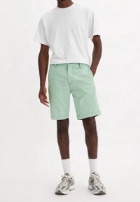 Jasnozielone bawełniane szorty o klasycznym kroju, z kieszeniami bocznymi, haftowanym wykończeniem, w zestawie z gładką białą koszulką i szarymi sneakersami.