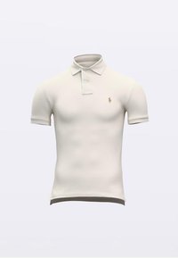 Polo majica v barvi slonokoščene kosti, izdelana iz teksturirane tkanine. Ima klasičen ovratnik, dva gumba in majhen zlati logotip na levi prsni strani.