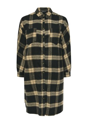 Camicia a maniche lunghe a quadri nera e marrone con due tasche sul petto e un design colletto classico. Tessuto morbido.
