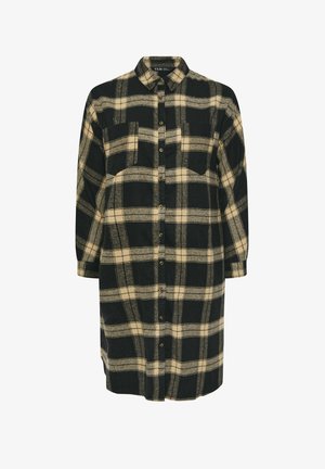 Zwart- en bruin geruite button-up overhemd met lange mouwen, twee borstzakken en een klassieke kraag. Zachte stoftextuur.