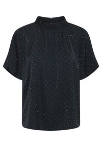 Blusa nera a maniche corte con collo alto, caratterizzata da motivi a pois e tessuto morbido, leggermente stropicciato per un aspetto texturizzato.