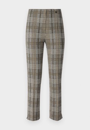 Checkered trousers with a gray, black, and yellow pattern, tailored fit, front zip closure, and subtle ankle slits at the hem.
