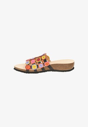 Slide sandal with cork sole and black straps, decorated with colorful circular patches in pink, yellow, red, and lavender on upper.