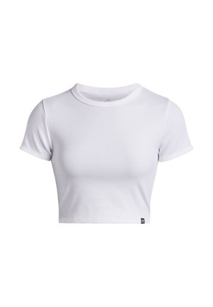 White ribbed short-sleeve cropped t-shirt with crew neck and small black logo tag at the bottom hem.