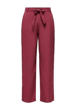 Pantalon large bordeaux avec taille nouée, texture lisse, poches latérales et coupe décontractée, confectionné dans un tissu léger.