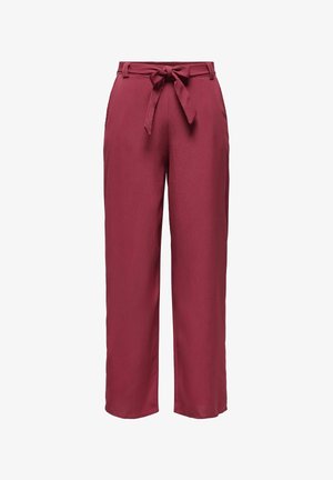 Platas kārtas bikses bordo krāsā ar sasienamu jostu, gludu tekstūru, sānu kabatām un brīvu piegriezumu, izgatavotas no viegla auduma.