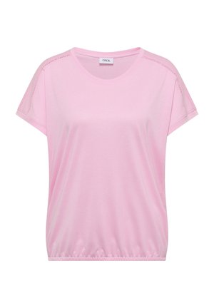 Jasnoróżowa bluzka z krótkim rękawem o okrągłym dekolcie, z subtelnymi koronkowymi zdobieniami na rękawach i elastycznym, marszczonym dołem, z metką "Cecil" wewnątrz kołnierza.