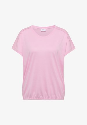 Jasnoróżowa bluzka z krótkim rękawem o okrągłym dekolcie, z subtelnymi koronkowymi zdobieniami na rękawach i elastycznym, marszczonym dołem, z metką "Cecil" wewnątrz kołnierza.