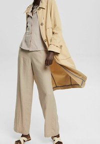 Personne portant un pantalon large beige, une chemise rayée boutonnée, un trench beige et des sandales claires sur fond blanc.